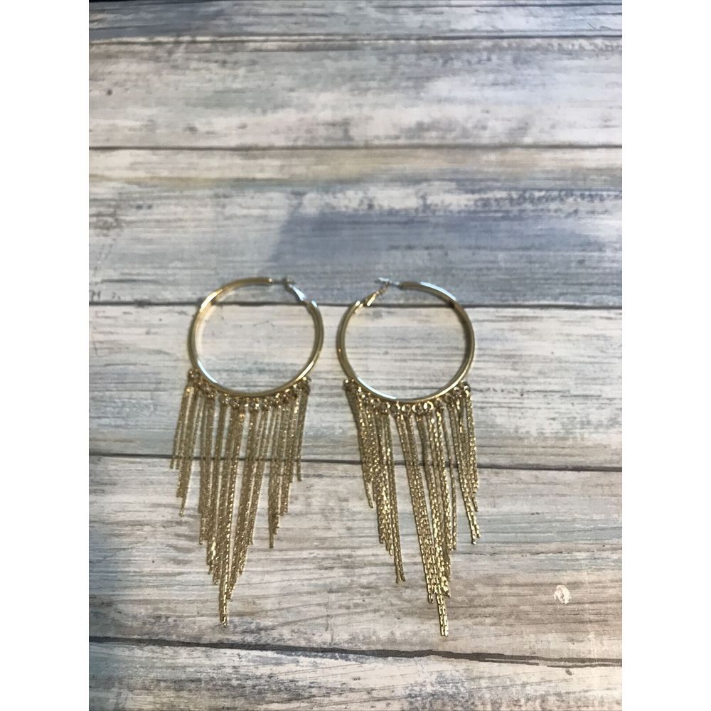 Tassel‎ Hoop EARRINGS Large Gold Tone 5" NWOT
